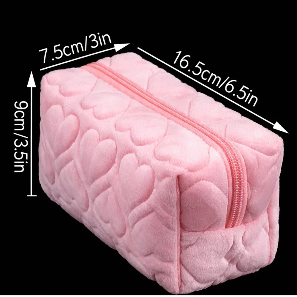 Pink Fuzzy Heart Quilted Makeup Bag Cosmetic Travel Pouch